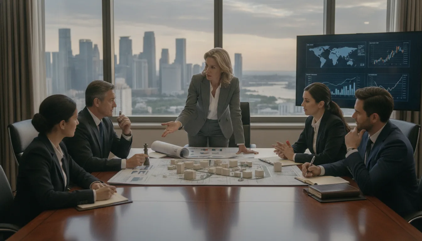 A calm, bright workspace where two professionals review live financial dashboards on a tablet