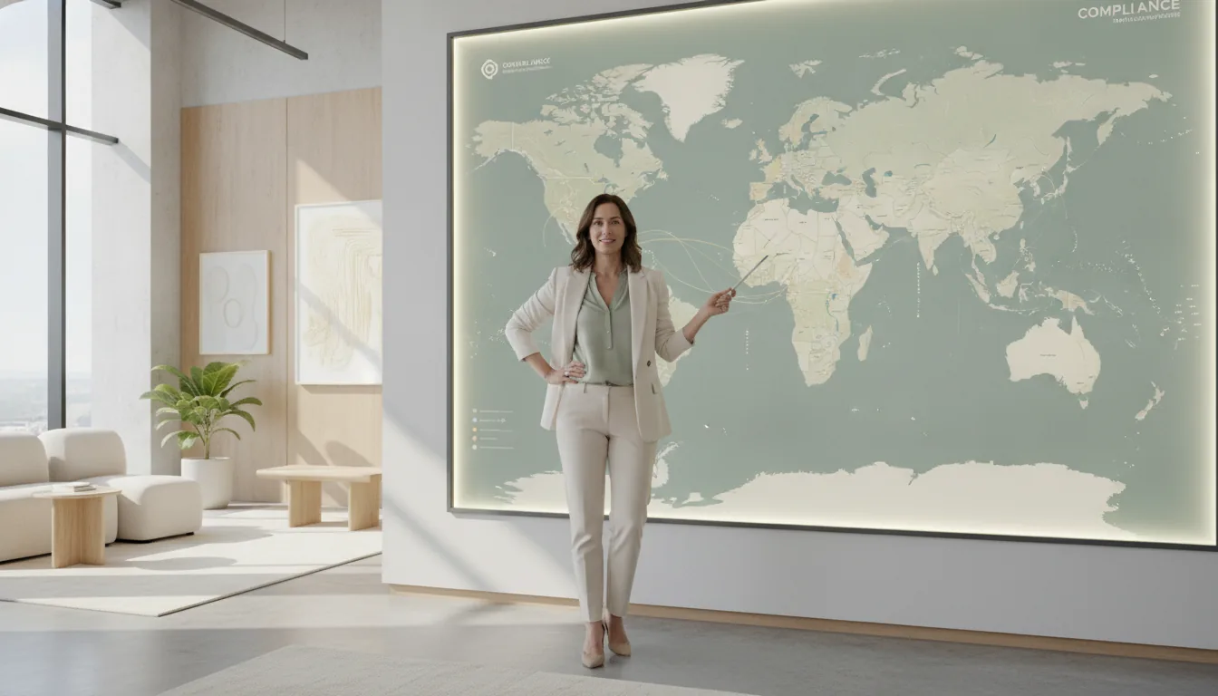 A calm professional reviewing a large, detailed compliance map on a wall display in a bright modern office.