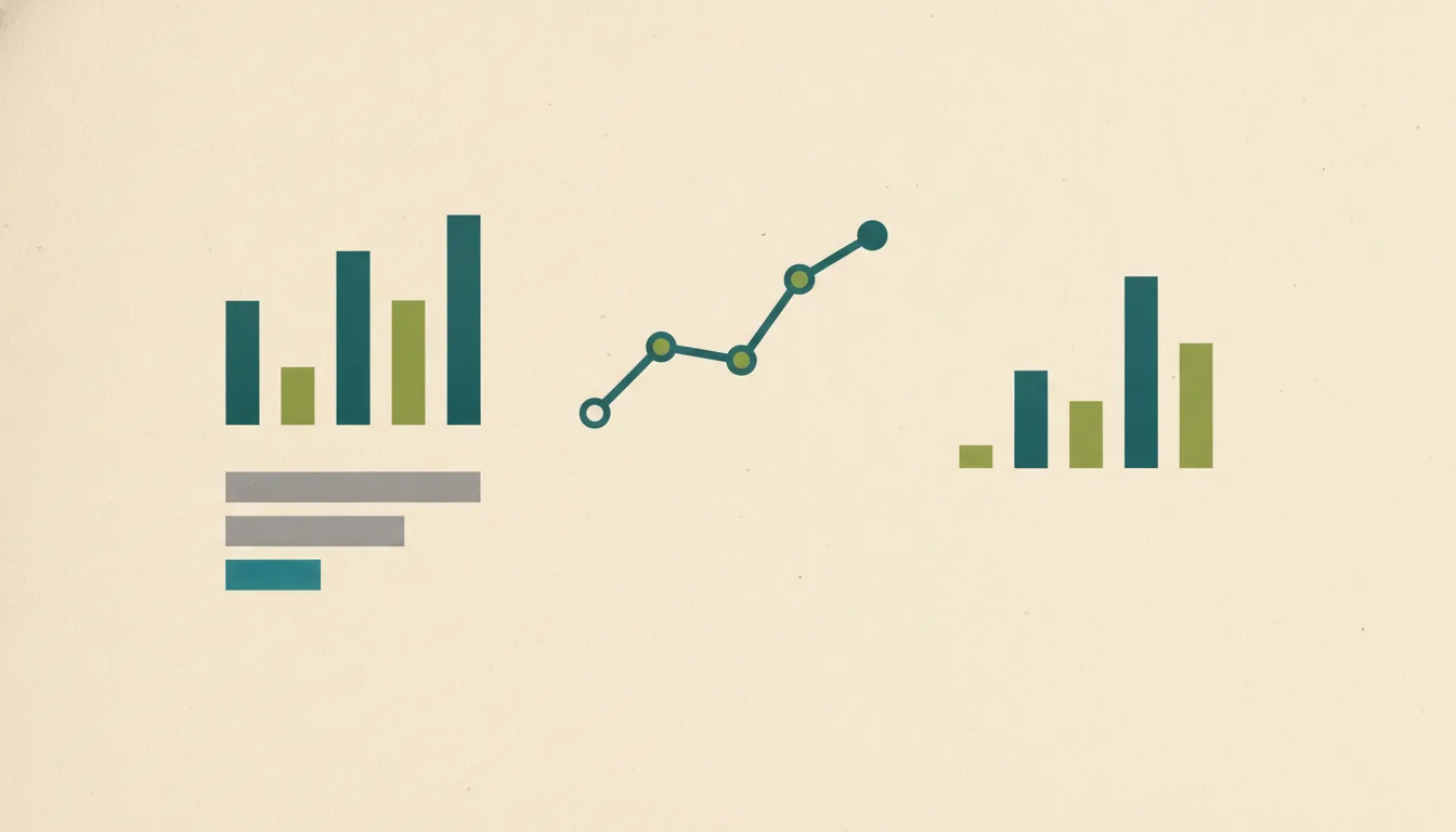 A clean financial dashboard graphic with simple bar and line charts in teal and olive green on a cream background